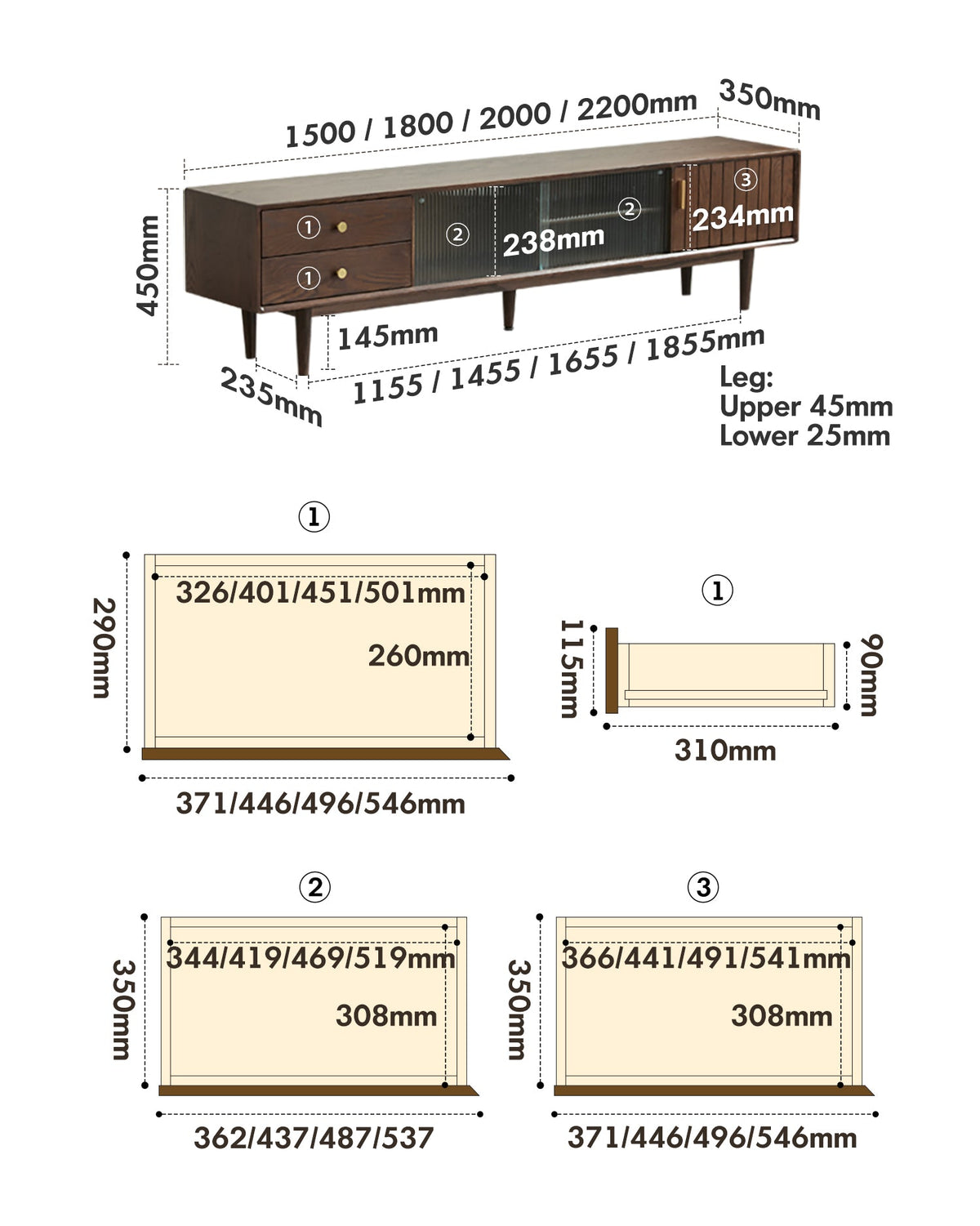 dimension detail diagram of Scandinavian Oak Wood TV Console DANYA WALNUT