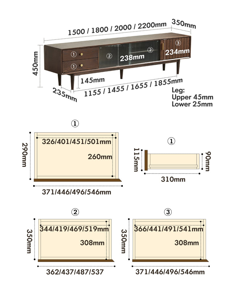 dimension detail diagram of Scandinavian Oak Wood TV Console DANYA WALNUT