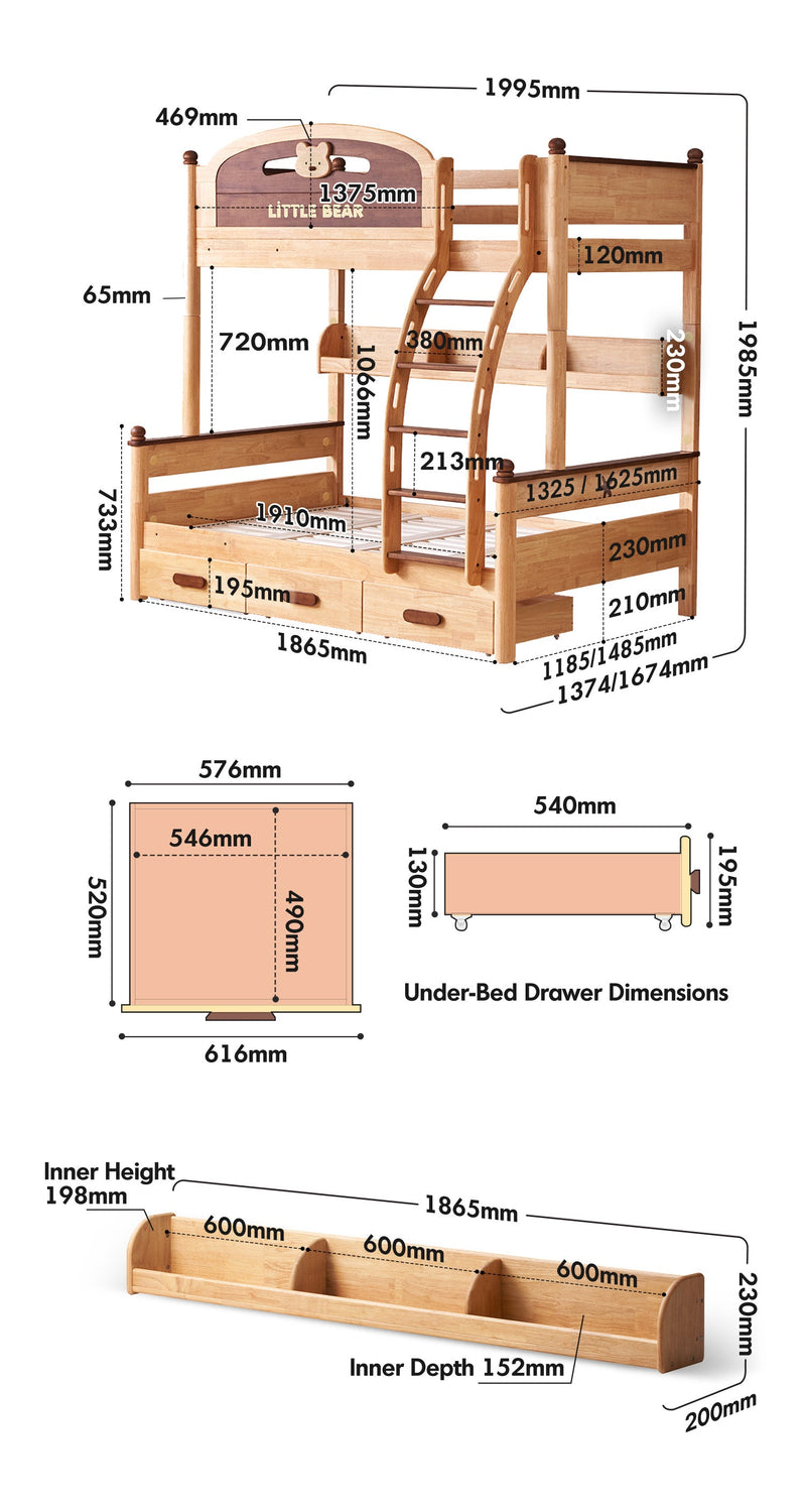 dimension detail diagram of Scandinavian Rubber Wood Kids Bunk Bed With Bottom Drawers And Wall Shelf LITTLE BEAR
