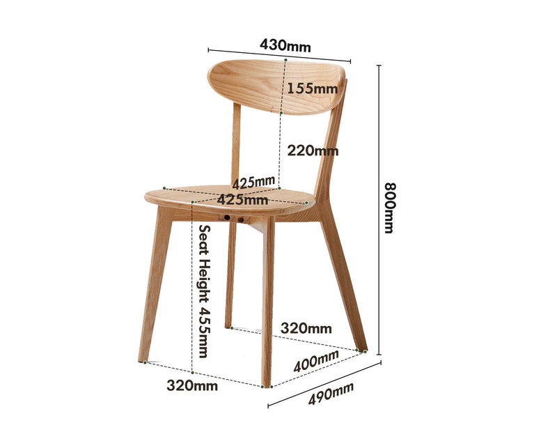 dimension detail diagram of Scandinavian Oak Wood Dining Chairs ELM