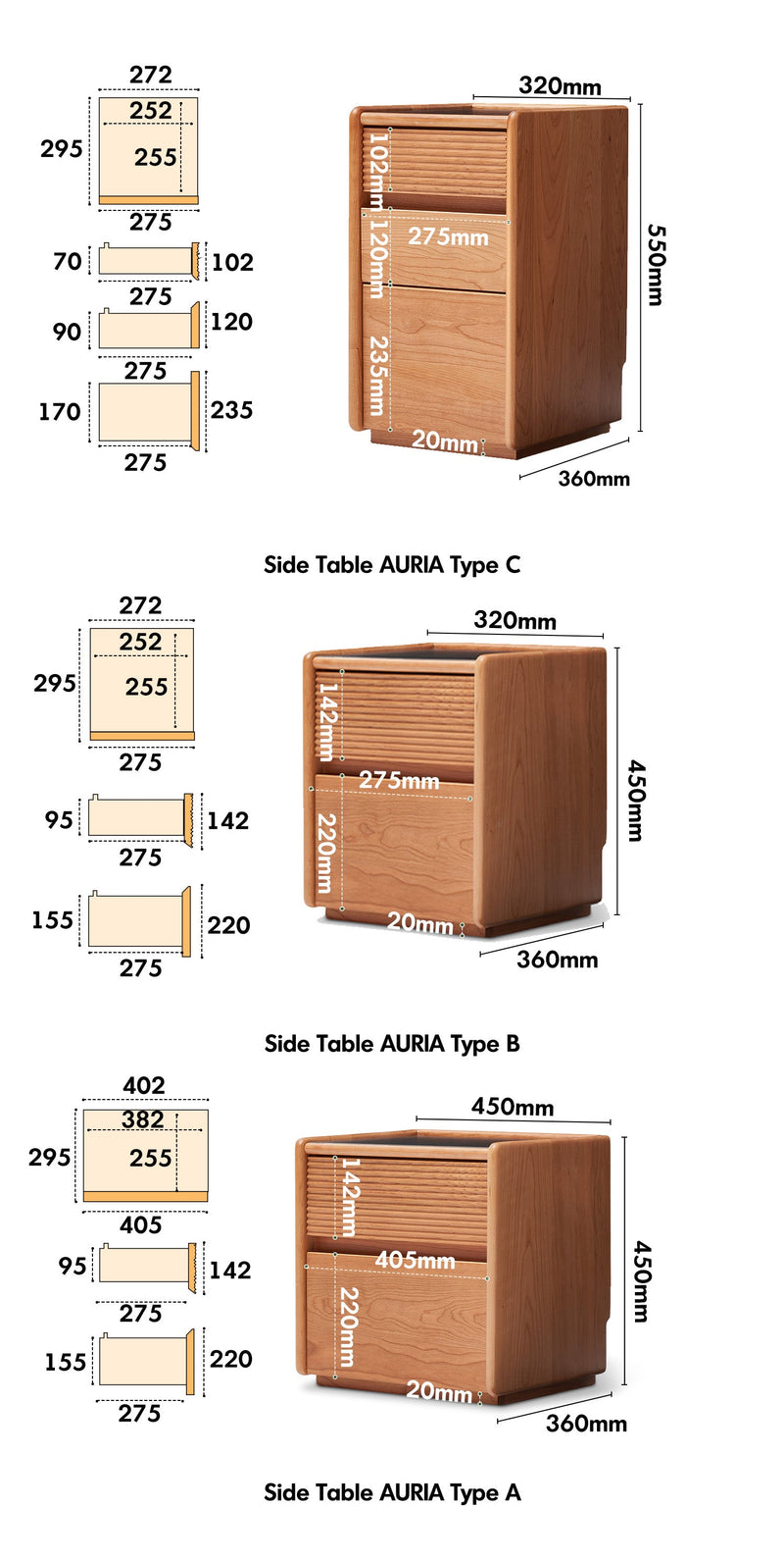 dimension detail diagram of Scandinavian Cherry Wood Side Table AURIA