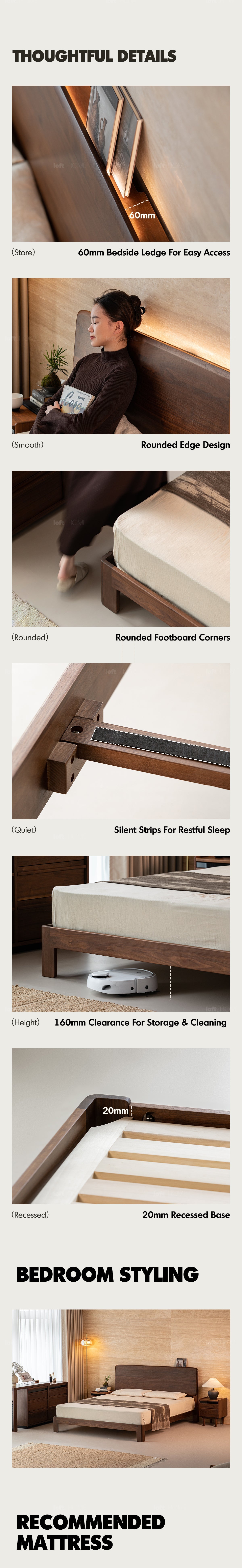 more product details and feature of Japandi Walnut Wood Bed DUNE