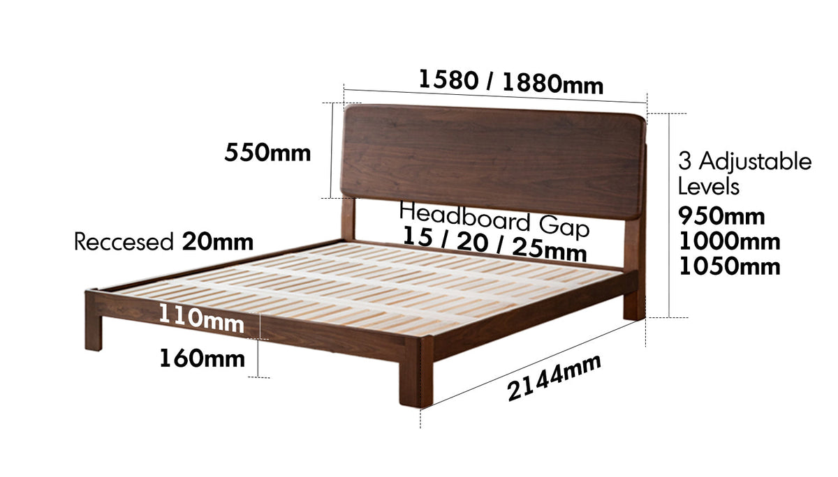 dimension detail diagram of Japandi Walnut Wood Bed DUNE
