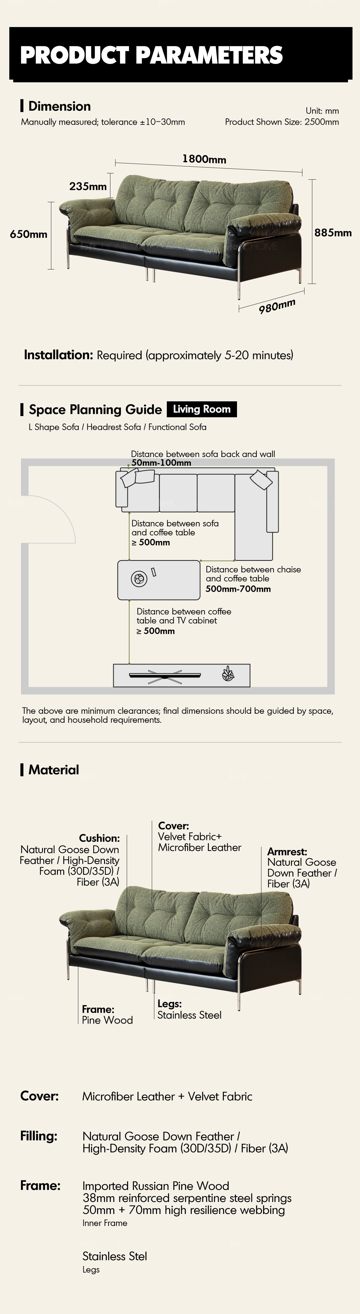 more product details and feature of Vintage Microfiber Leather And Fabric 2 Seater Sofa OASIS