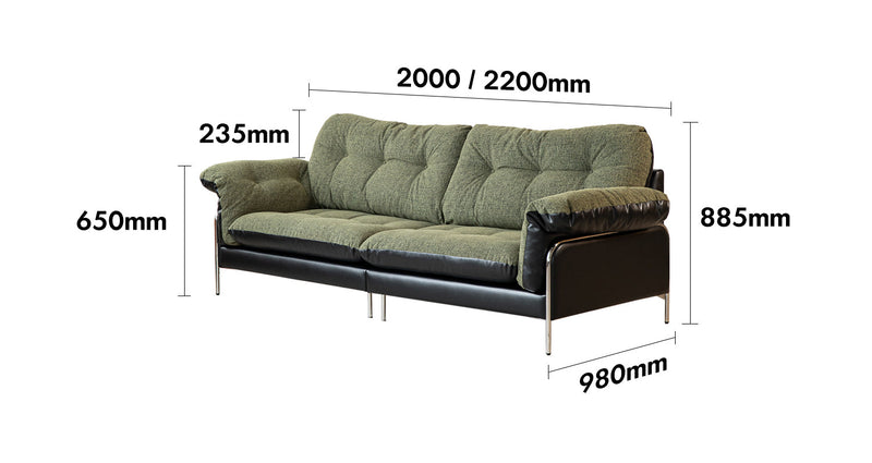 dimension detail diagram of Vintage Microfiber Leather And Fabric 3 Seater Sofa OASIS