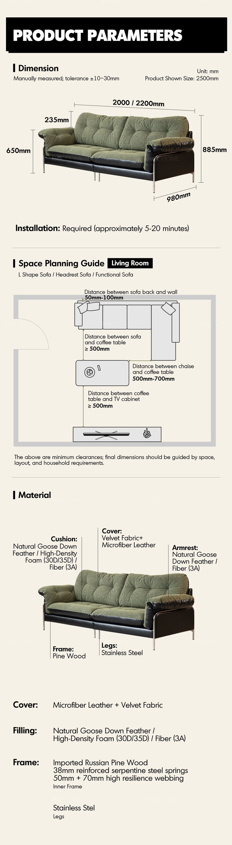 more product details and feature of Vintage Microfiber Leather And Fabric 3 Seater Sofa OASIS