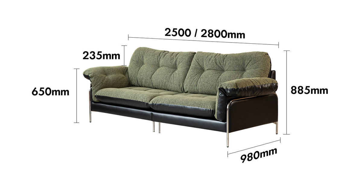 dimension detail diagram of Vintage Microfiber Leather And Fabric 4 Seater Sofa OASIS