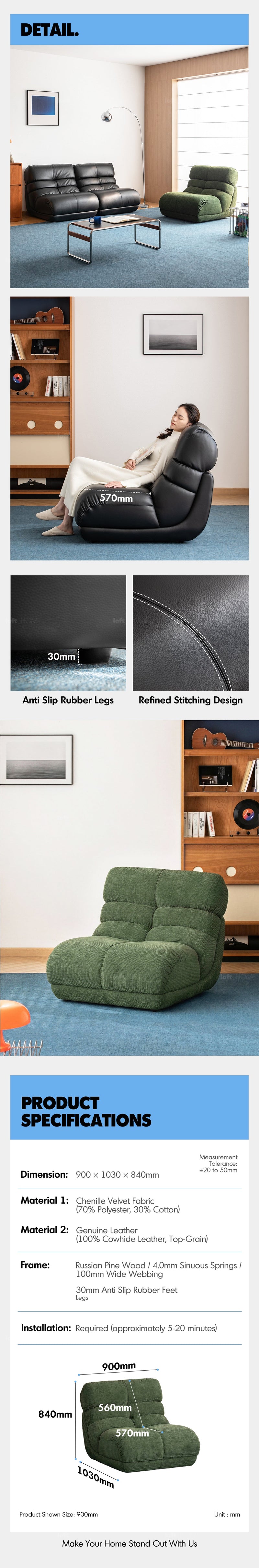 more product details and feature of Vintage Chenille Velvet Fabric 1 Seater Sofa RIDGE