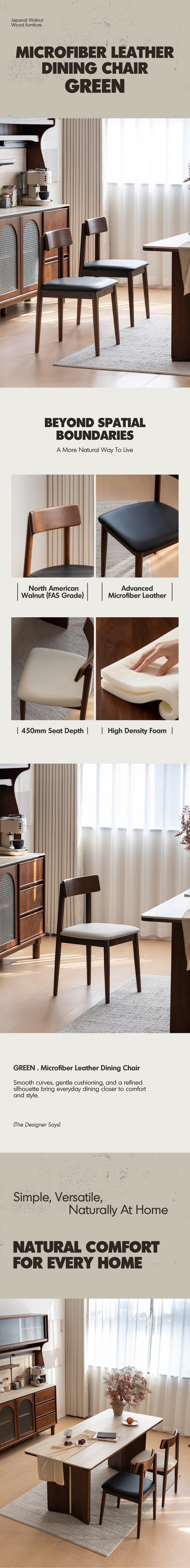 more product details and feature of Japandi Walnut Wood Microfiber Leather Dining Chair GREEN