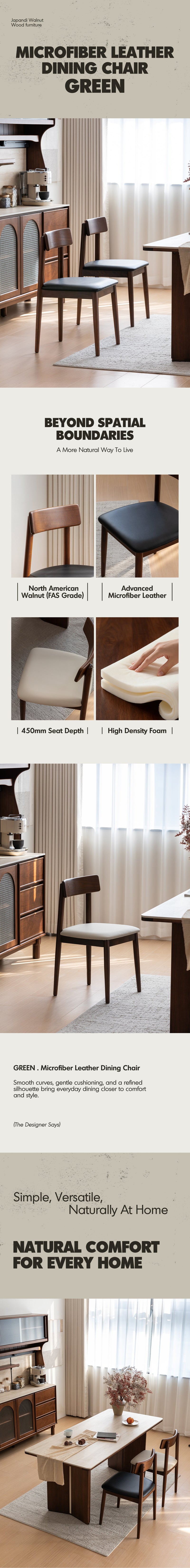 more product details and feature of Japandi Walnut Wood Microfiber Leather Dining Chair GREEN