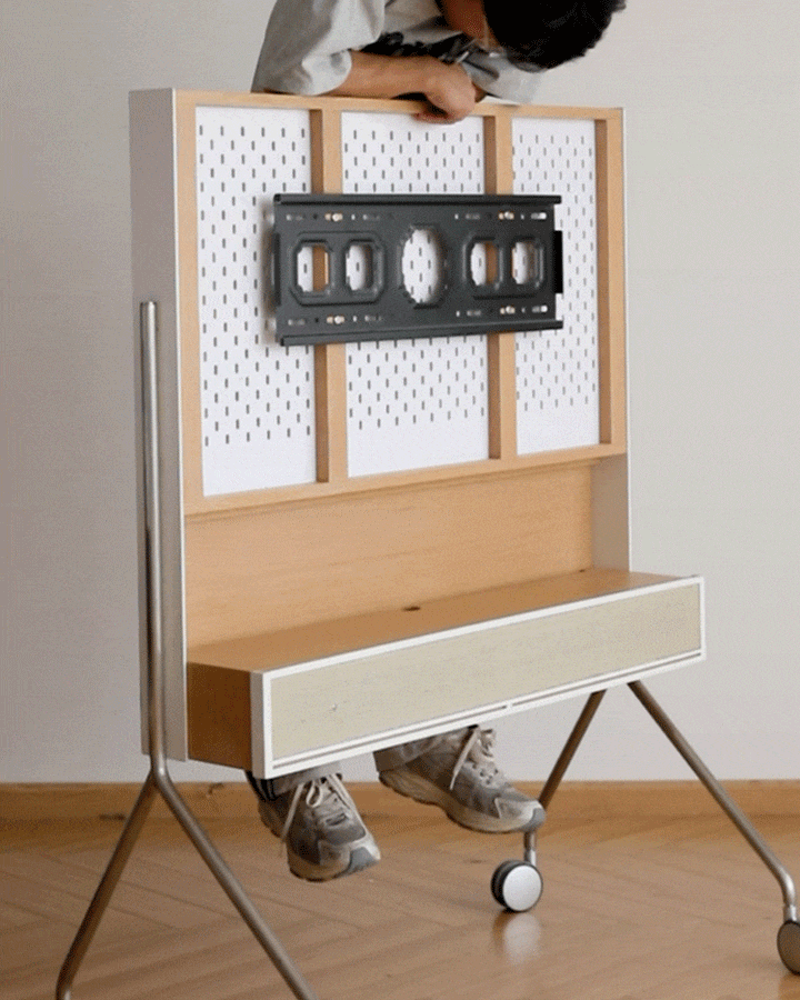 Minimalist ash wood veneer tv hanger roam in panoramic view.