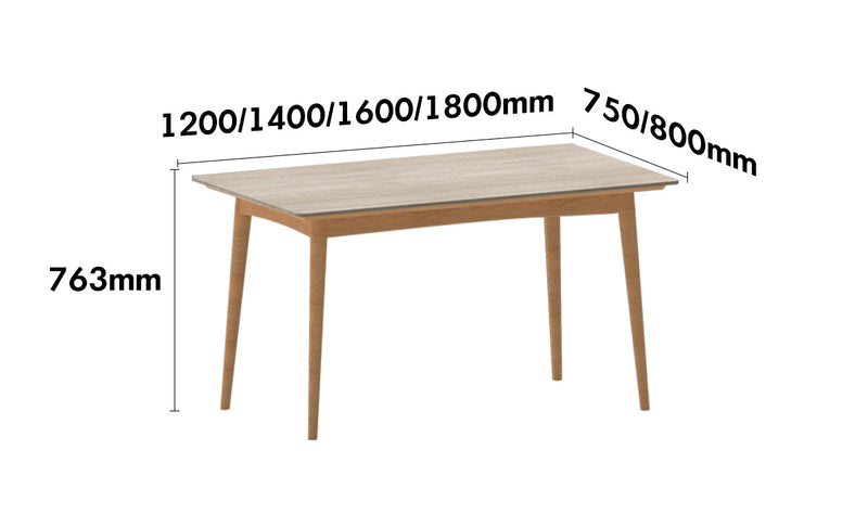 dimension detail diagram of Scandinavian Oak Wood Sintered Stone Dining Table GREEN