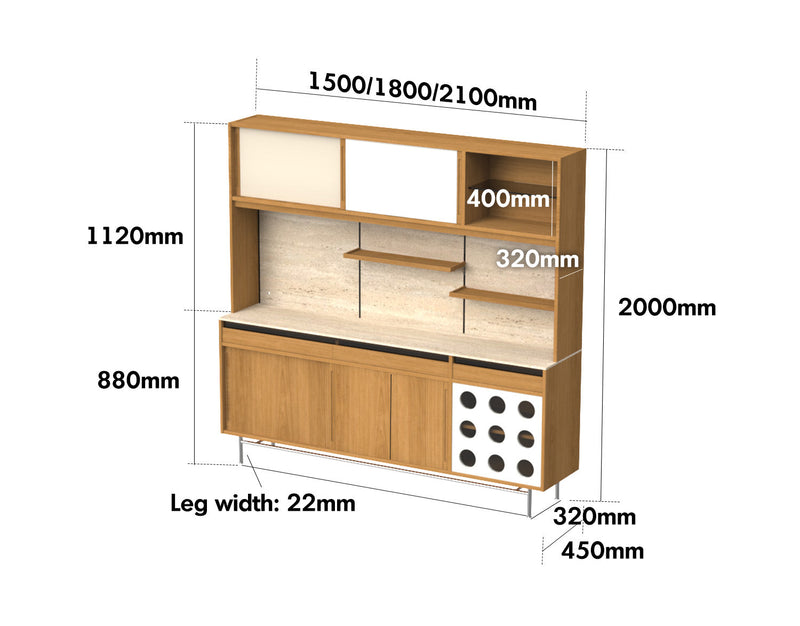 dimension detail diagram of Scandinavian Oak Wood Sintered Stone Storage Side Cabinet TIMELESS