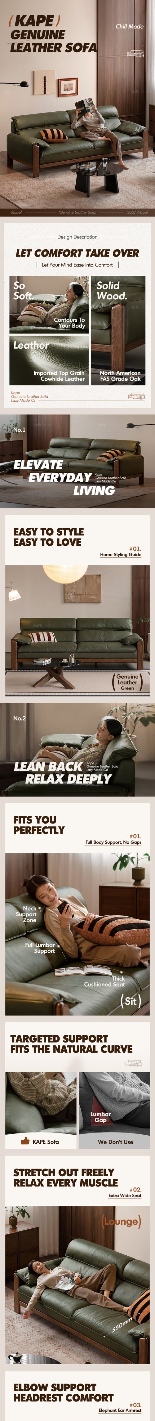 Japandi Oak Wood Genuine Leather 3 Seater Sofa KAPE Good to Know Preview-1