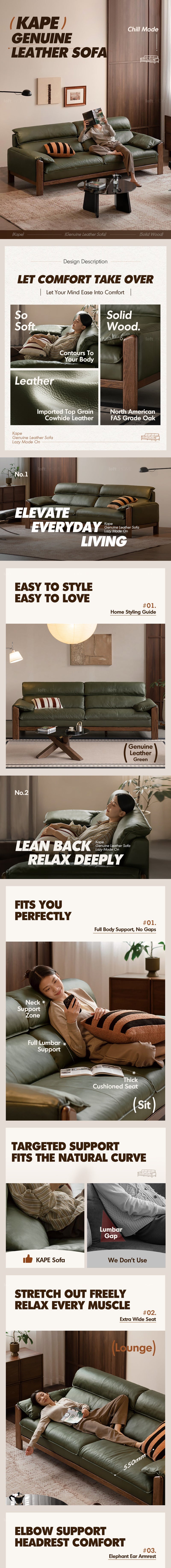 more product details and feature of Japandi Oak Wood Genuine Leather 3 Seater Sofa KAPE