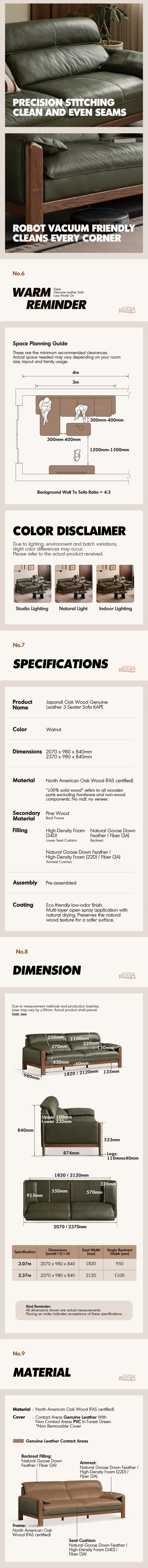 more product details and feature of Japandi Oak Wood Genuine Leather 3 Seater Sofa KAPE