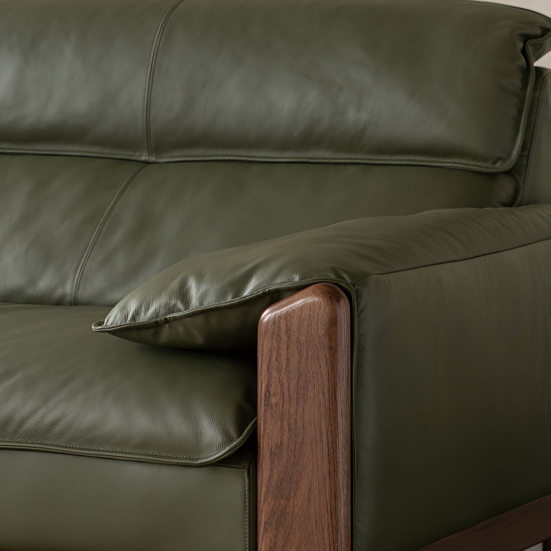 more color details of Japandi Oak Wood Genuine Leather 3 Seater Sofa KAPE
