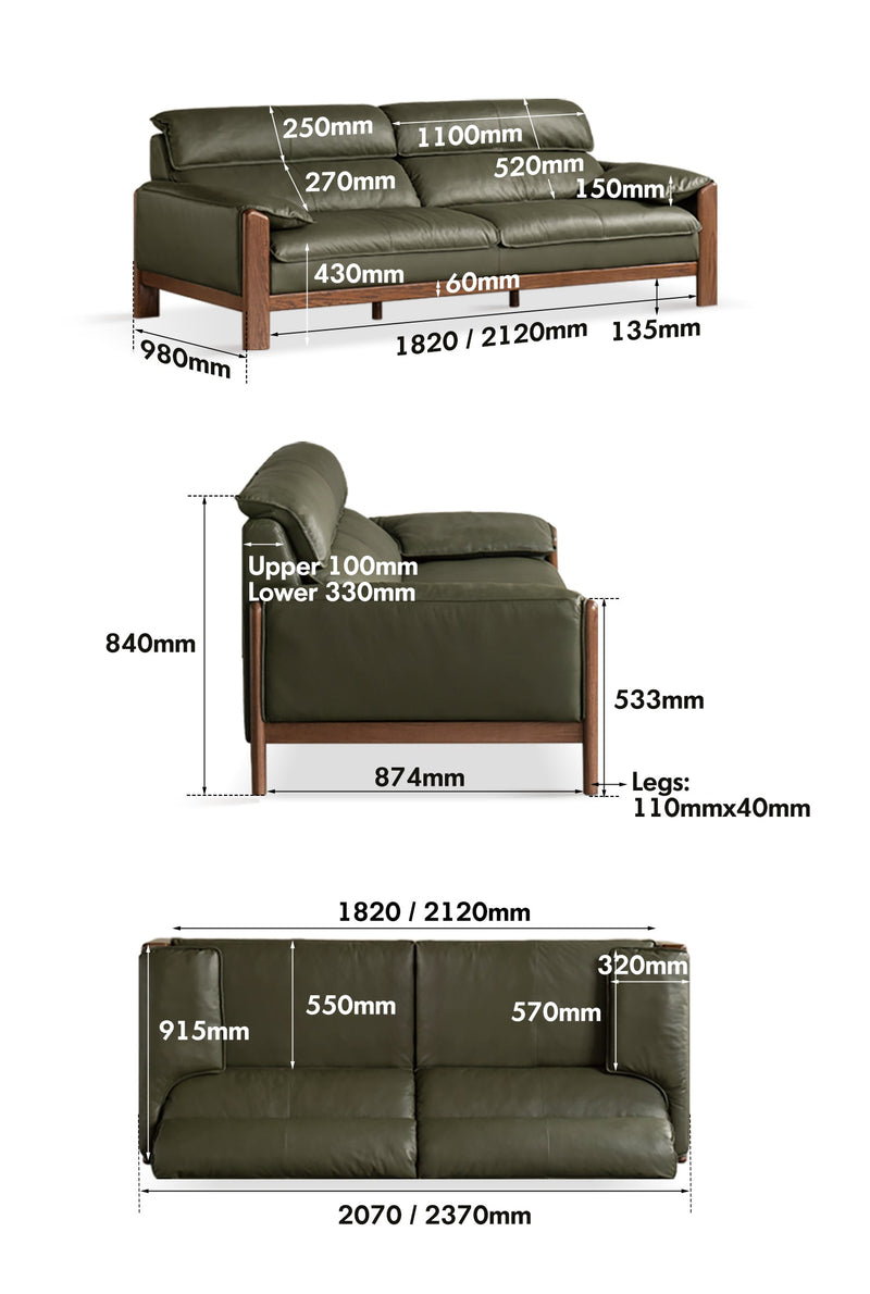 dimension detail diagram of Japandi Oak Wood Genuine Leather 3 Seater Sofa KAPE