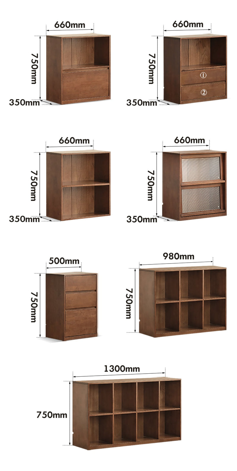dimension detail diagram of Japandi Oak Wood Modular Bookshelf BLOG