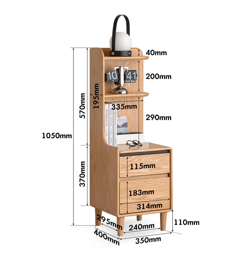 dimension detail diagram of Scandinavian Oak Wood Side Table Shelf LUMA