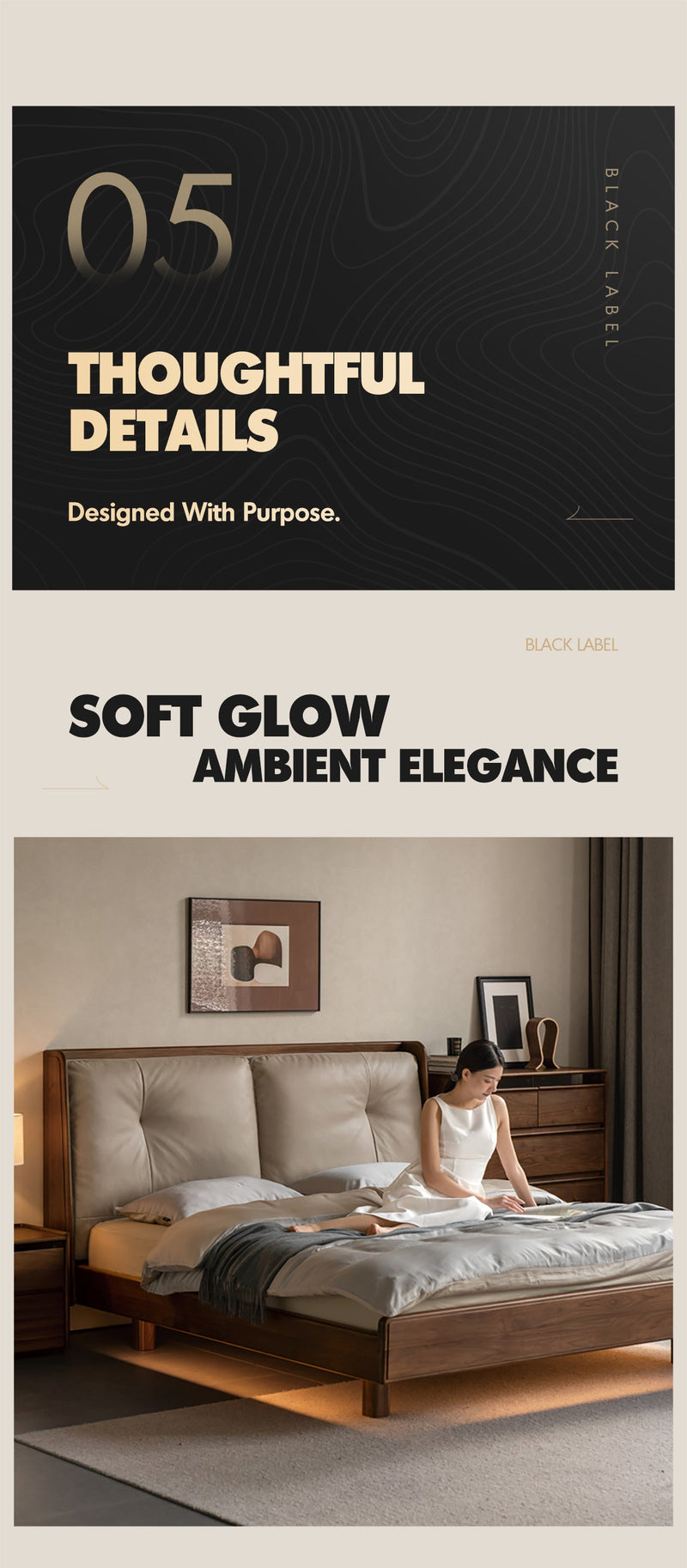 more product details and feature of Japandi Walnut Wood Genuine Leather Bed NOIR
