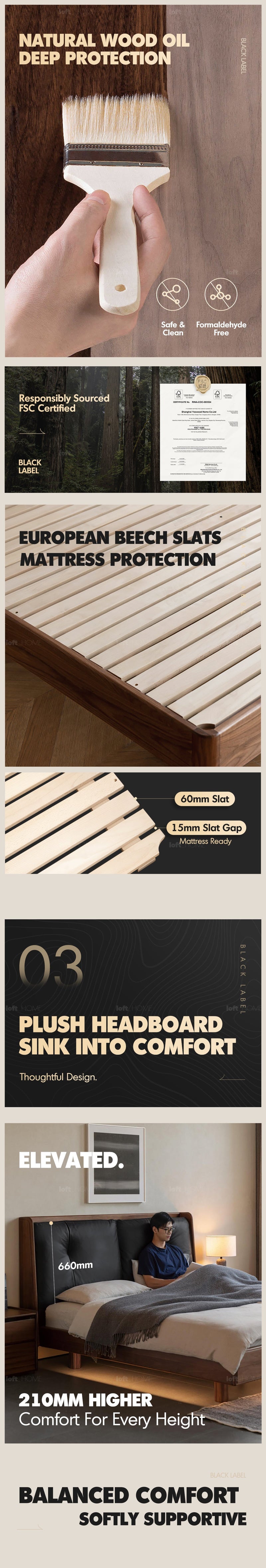 more product details and feature of Japandi Walnut Wood Genuine Leather Bed NOIR