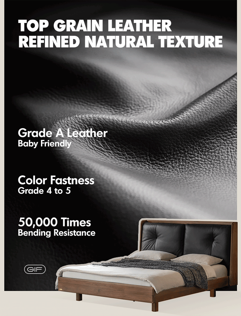 more product details and feature of Japandi Walnut Wood Genuine Leather Bed NOIR