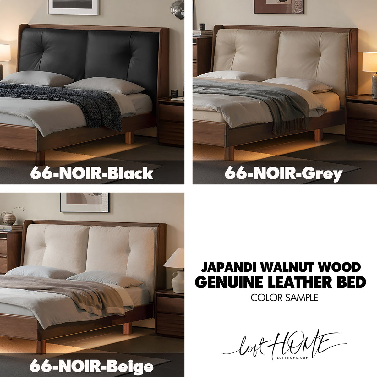 more color details of Japandi Walnut Wood Genuine Leather Bed NOIR