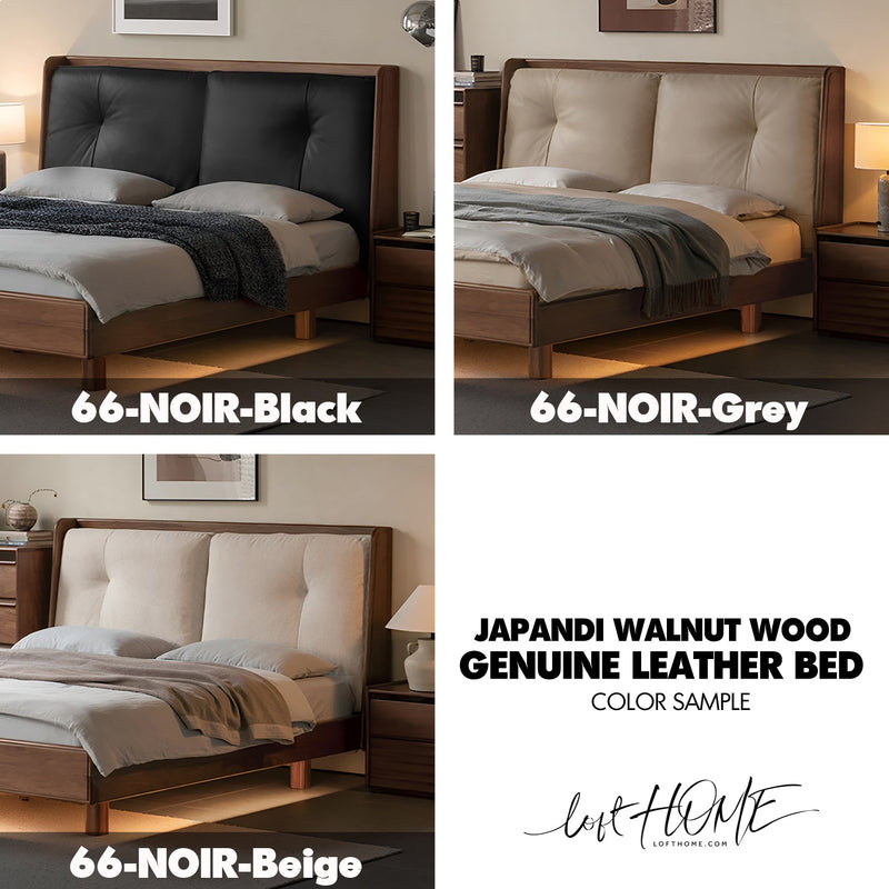 more color details of Japandi Walnut Wood Genuine Leather Bed NOIR