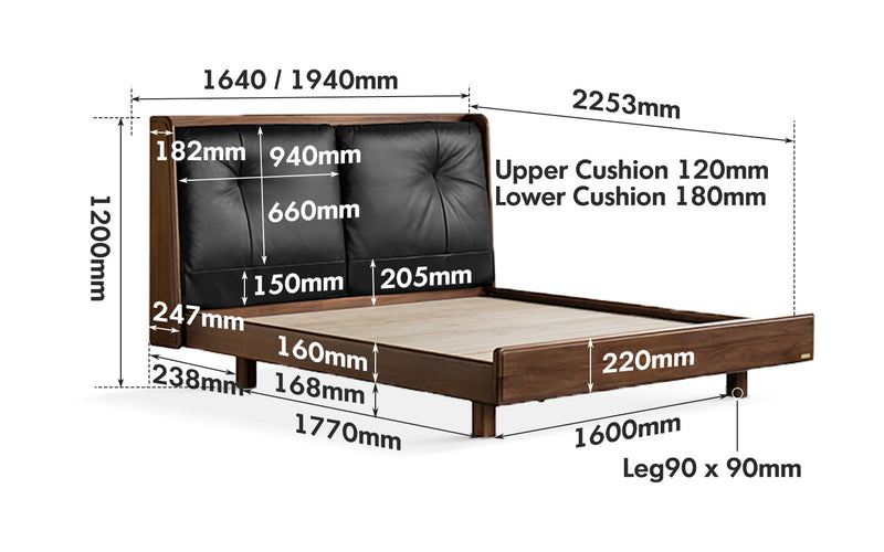 dimension detail diagram of Japandi Walnut Wood Genuine Leather Bed NOIR