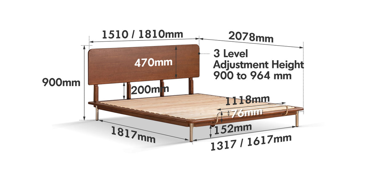 dimension detail diagram of Bauhaus Boxwood Bed AMERICANO