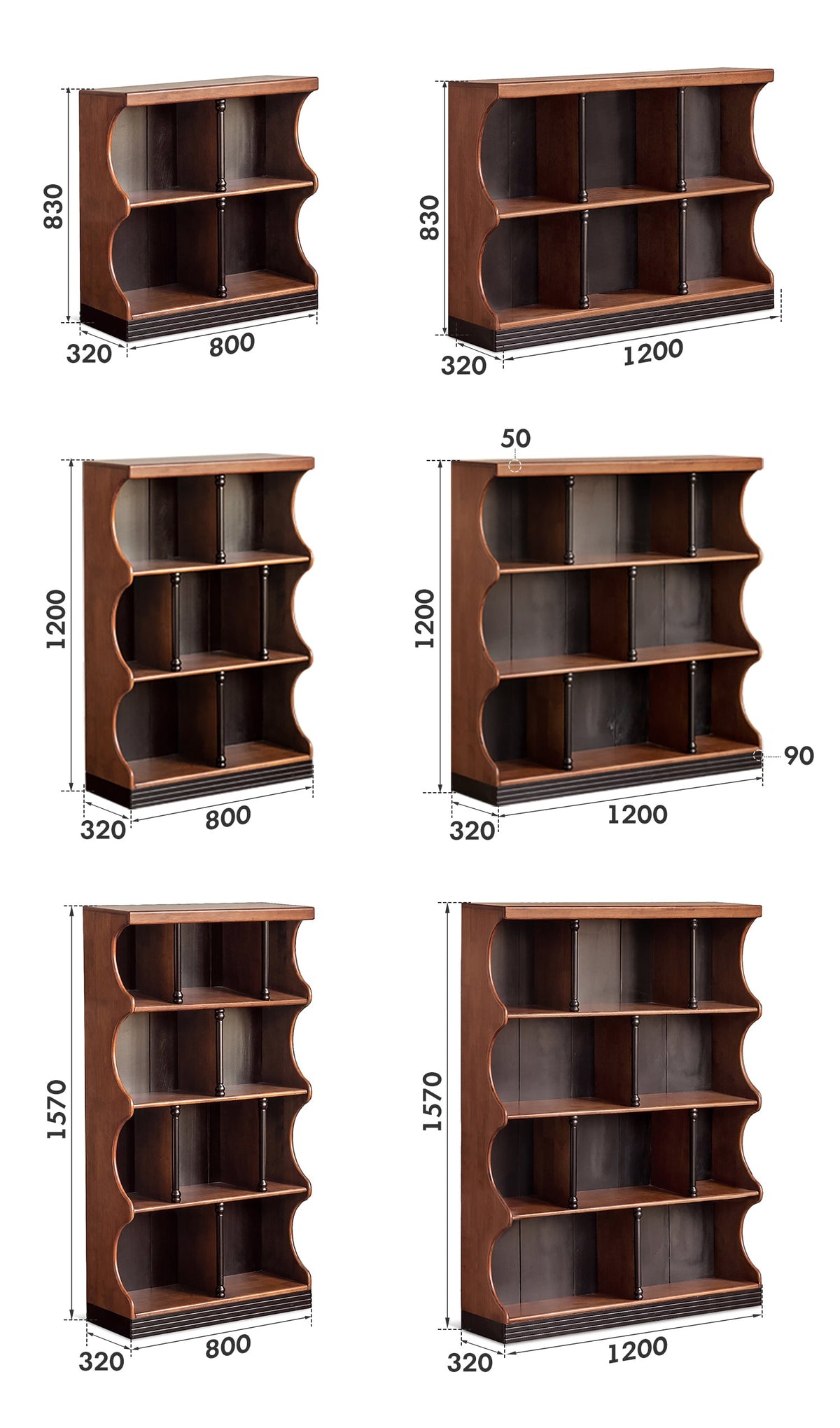 dimension detail diagram of Vintage Rubber Wood Bookshelf HADID