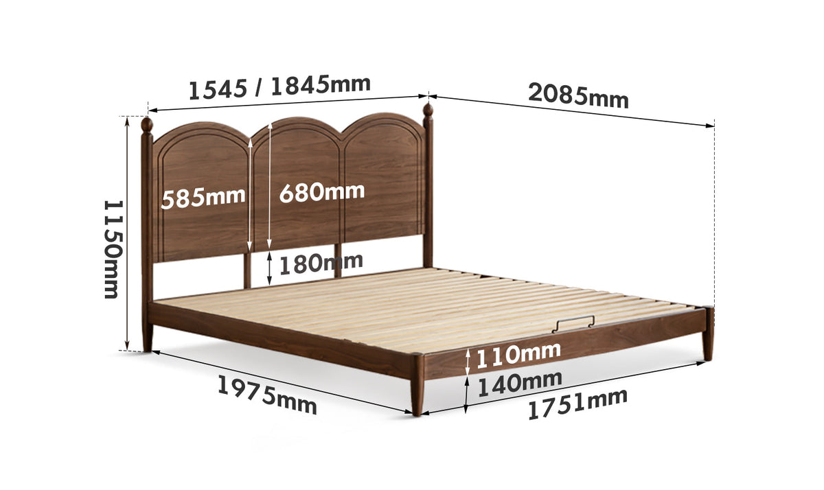 dimension detail diagram of Vintage Walnut Wood Bed MIDSUMMER