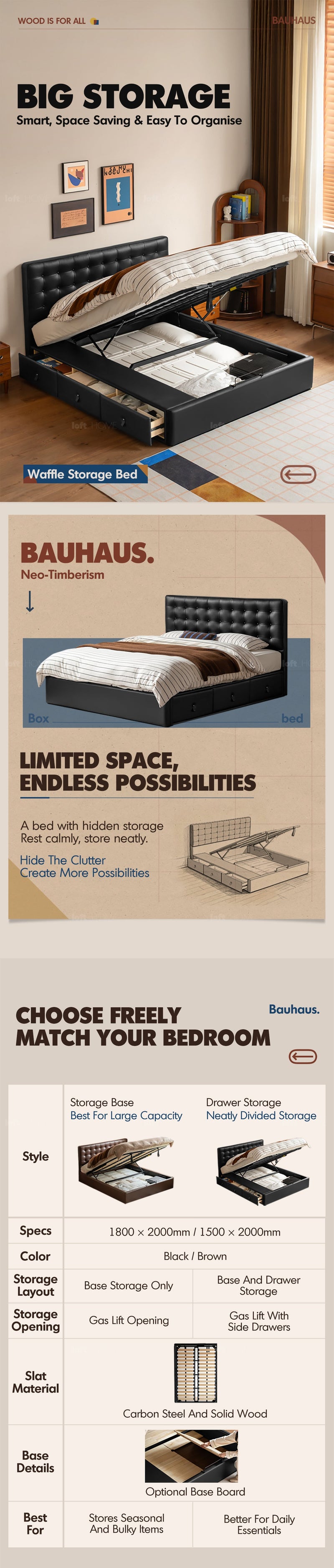 more product details and feature of Vintage Genuine Leather Storage Bed WAFFLE