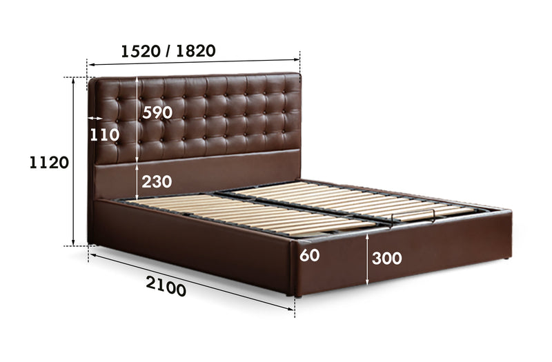 dimension detail diagram of Vintage Genuine Leather Storage Bed WAFFLE