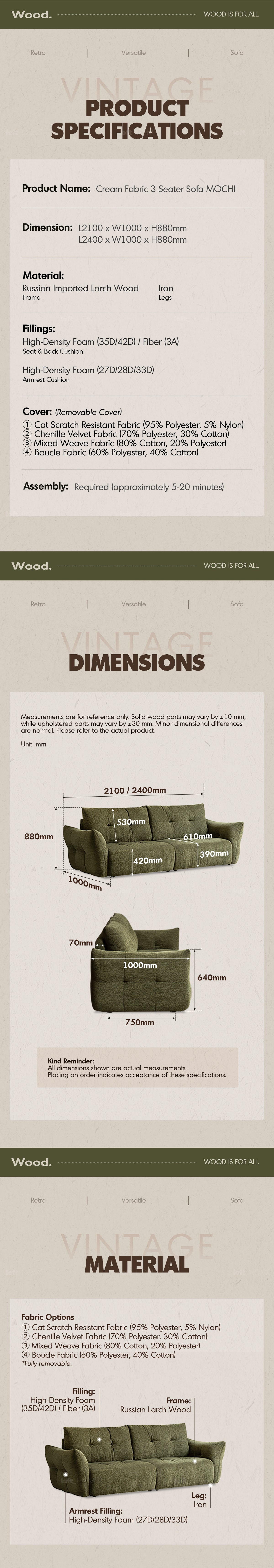 more product details and feature of Cream Fabric 3 Seater Sofa MOCHI