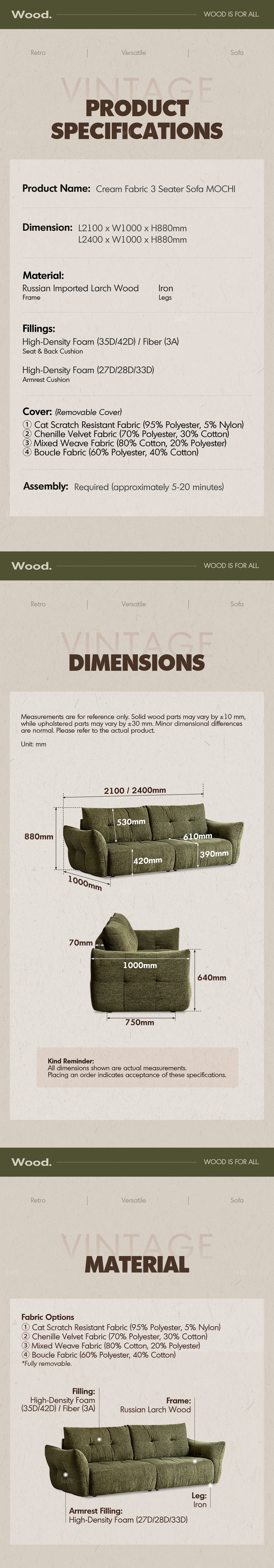 more product details and feature of Cream Fabric 3 Seater Sofa MOCHI