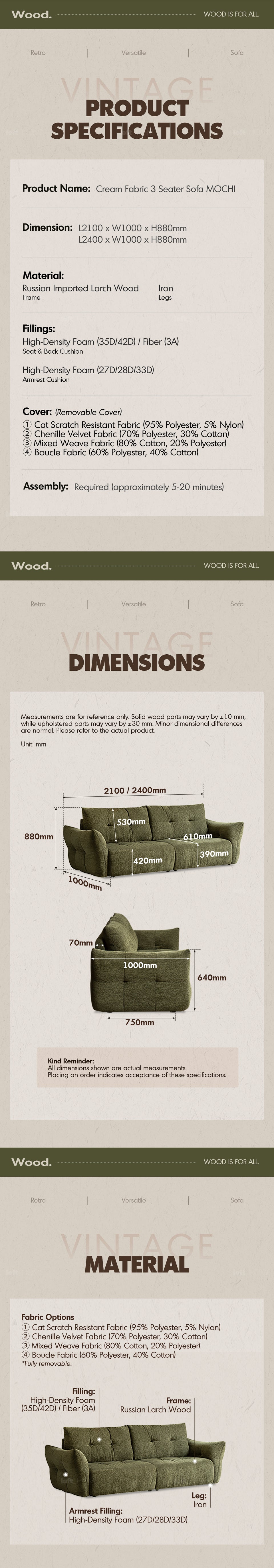 more product details and feature of Cream Fabric 3 Seater Sofa MOCHI