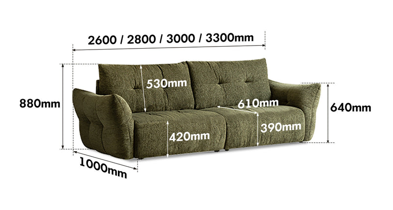 dimension detail diagram of Cream Fabric 4 Seater Sofa MOCHI