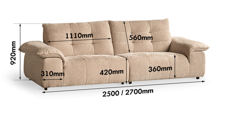 dimension detail diagram of Cream Chenille Velvet Fabric 4 Seater Sofa COCONUT