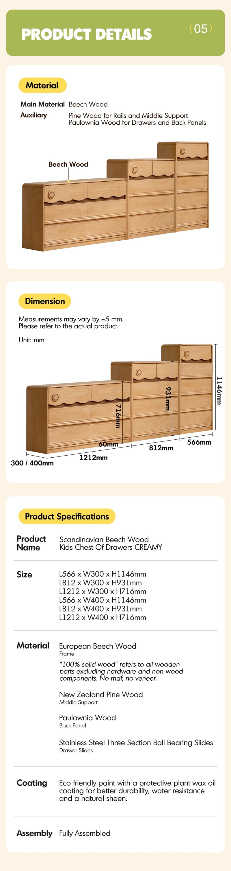 more product details and feature of Scandinavian Beech Wood Kids Chest Of Drawers CREAMY
