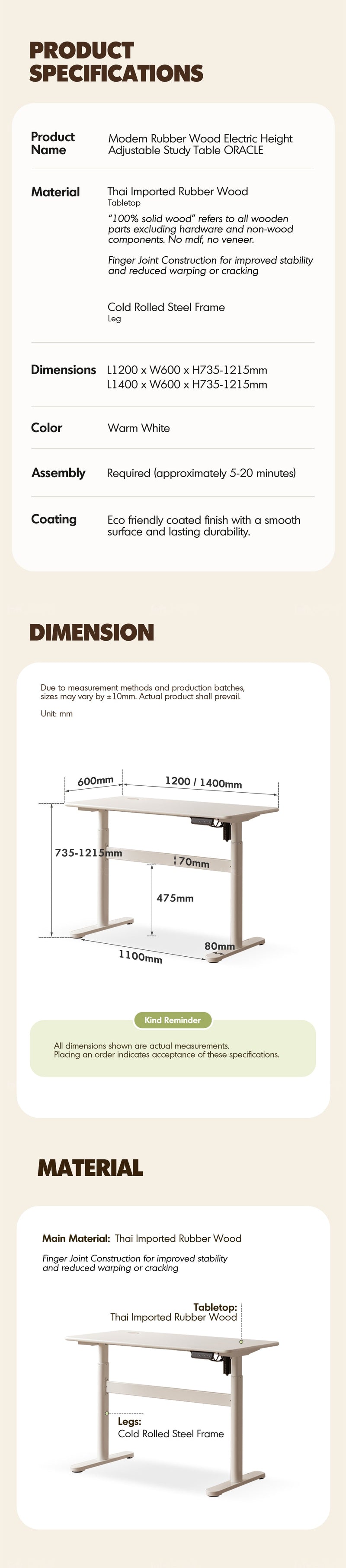 more product details and feature of Modern Rubber Wood Electric Height Adjustable Study Table ORACLE