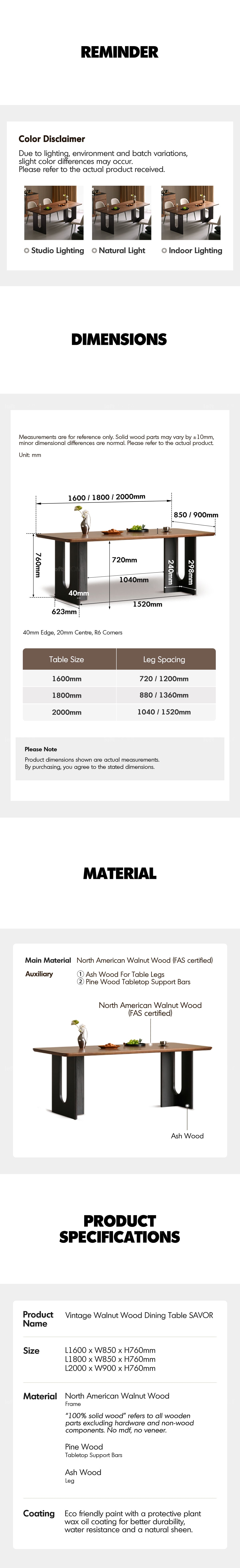 more product details and feature of Vintage Walnut Wood Dining Table SAVOR