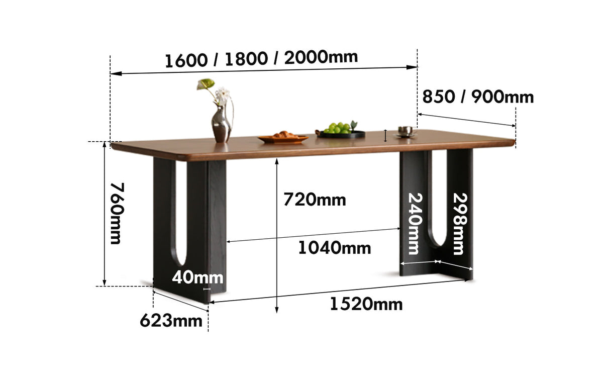 dimension detail diagram of Vintage Walnut Wood Dining Table SAVOR