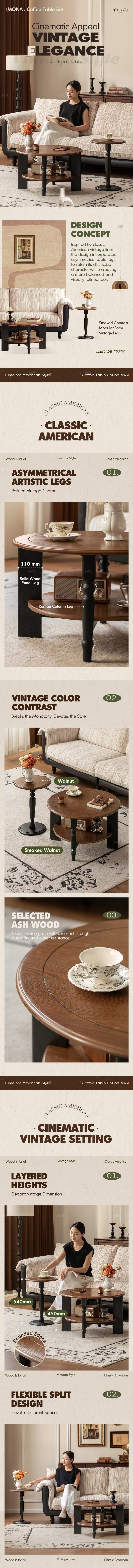 more product details and feature of Vintage Ash Wood Coffee Table Set MONA