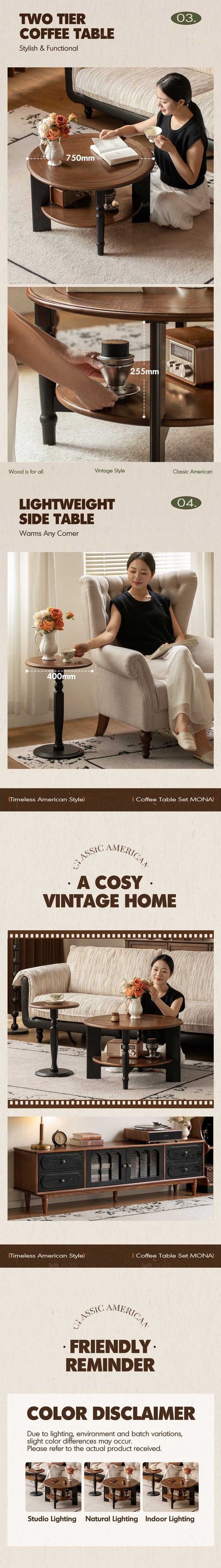 more product details and feature of Vintage Ash Wood Coffee Table Set MONA