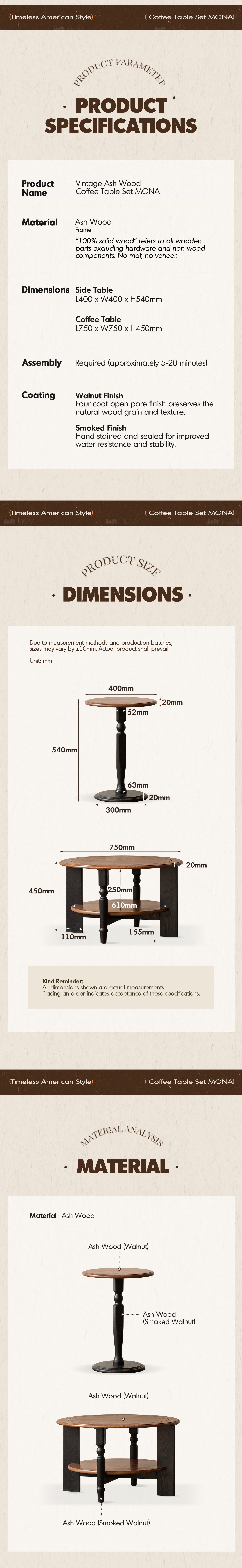 more product details and feature of Vintage Ash Wood Coffee Table Set MONA