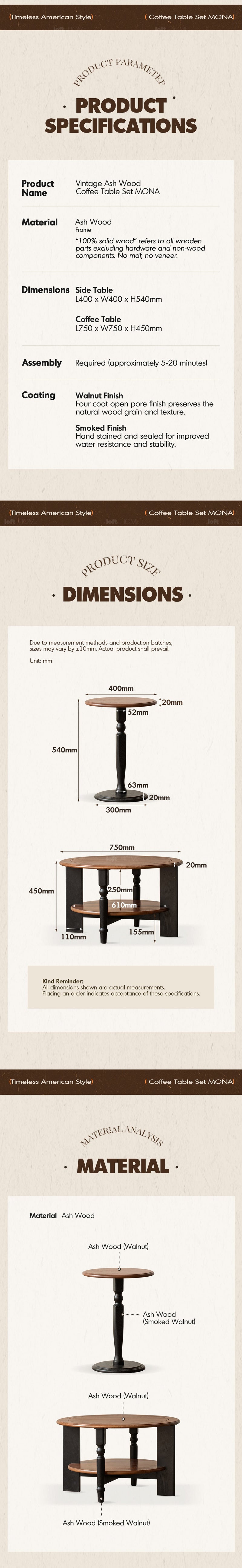 more product details and feature of Vintage Ash Wood Coffee Table Set MONA