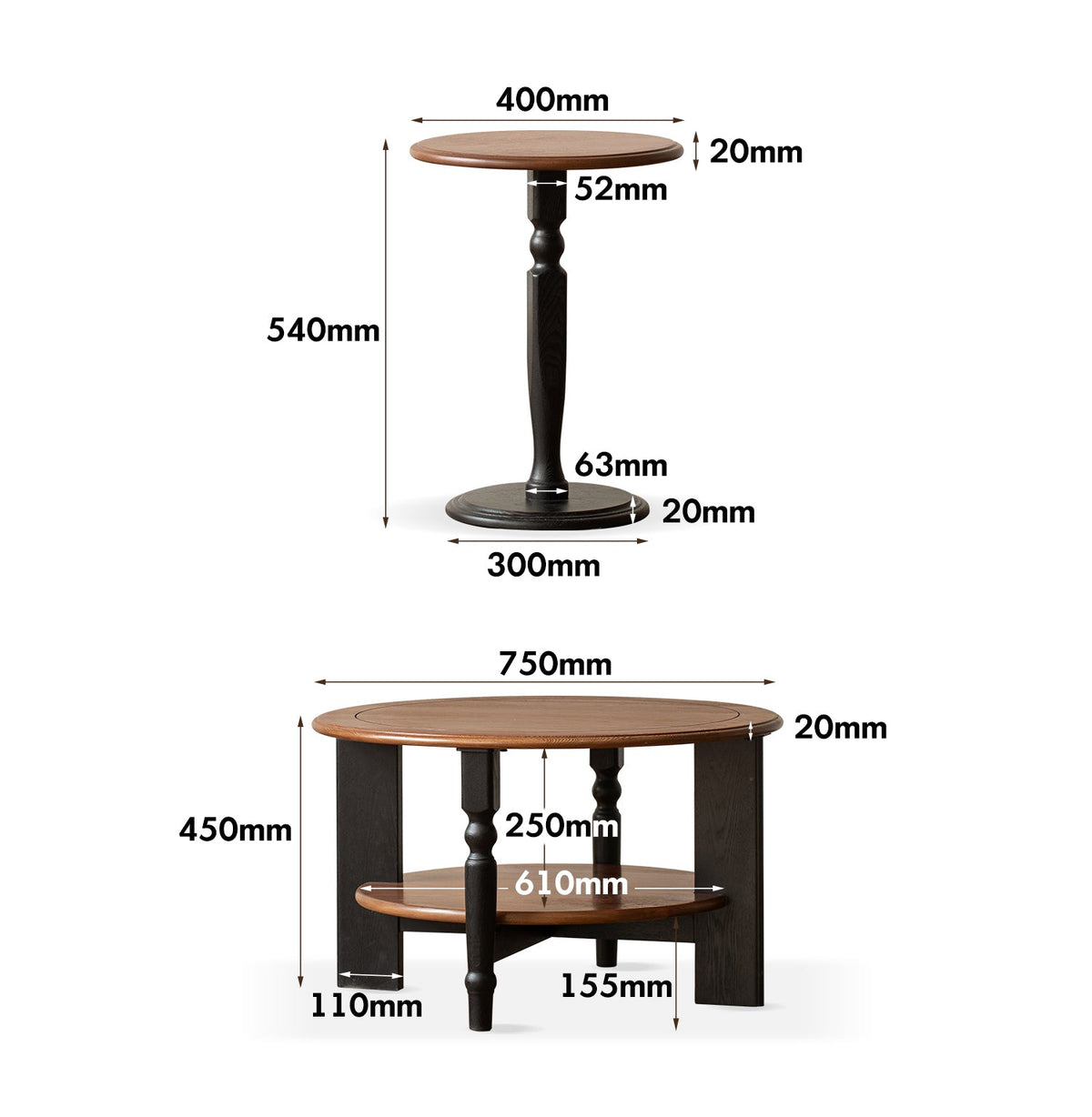 dimension detail diagram of Vintage Ash Wood Coffee Table Set MONA