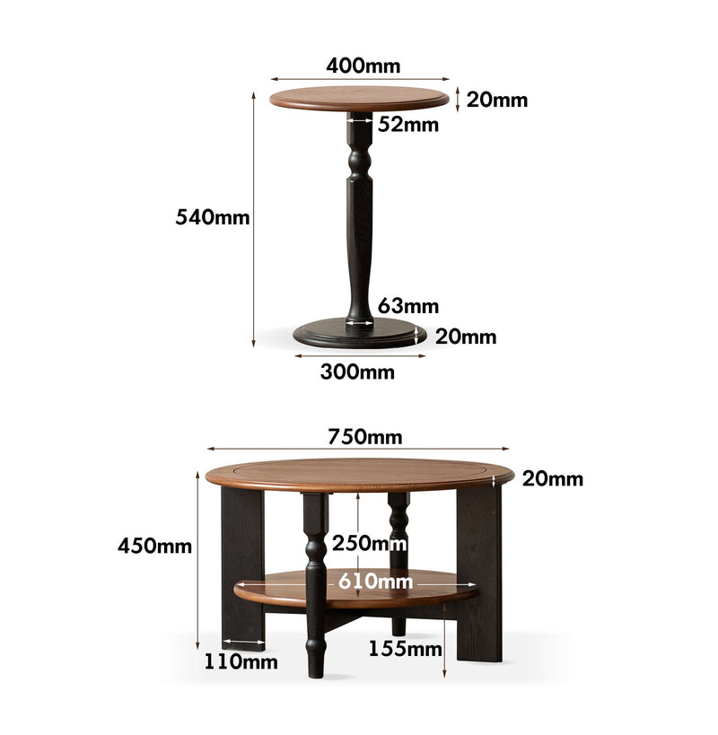dimension detail diagram of Vintage Ash Wood Coffee Table Set MONA